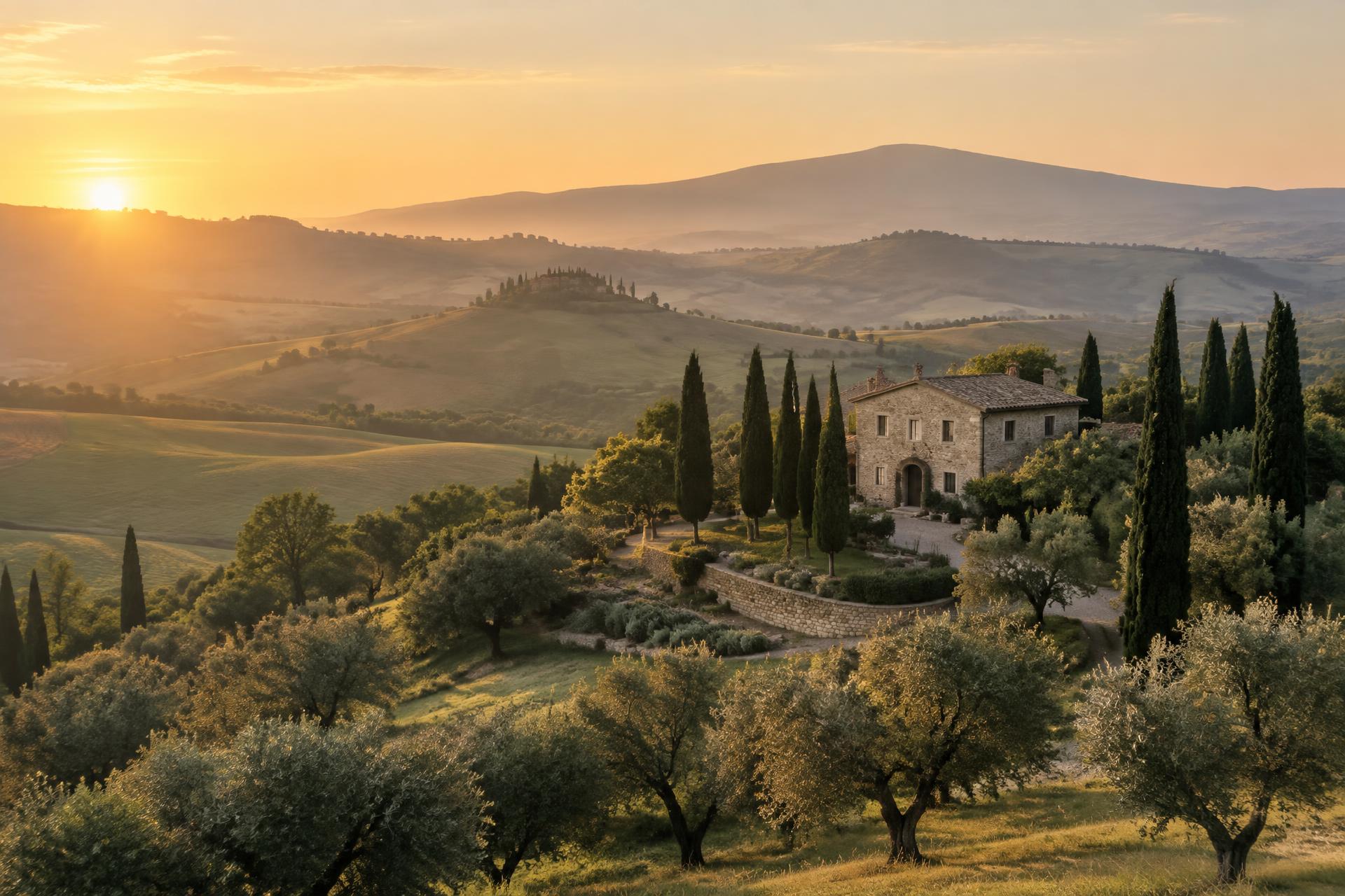 Casale in pietra tra ulivi e colline della Val d’Orcia al tramonto
