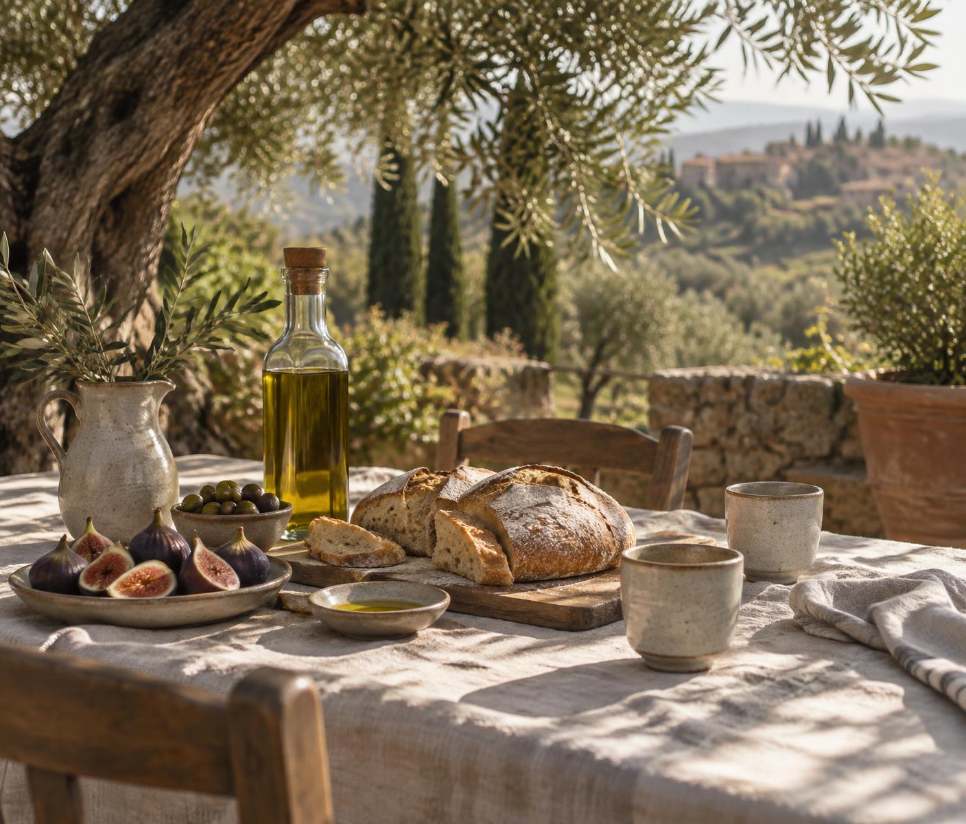 Colazione apparecchiata sotto un ulivo