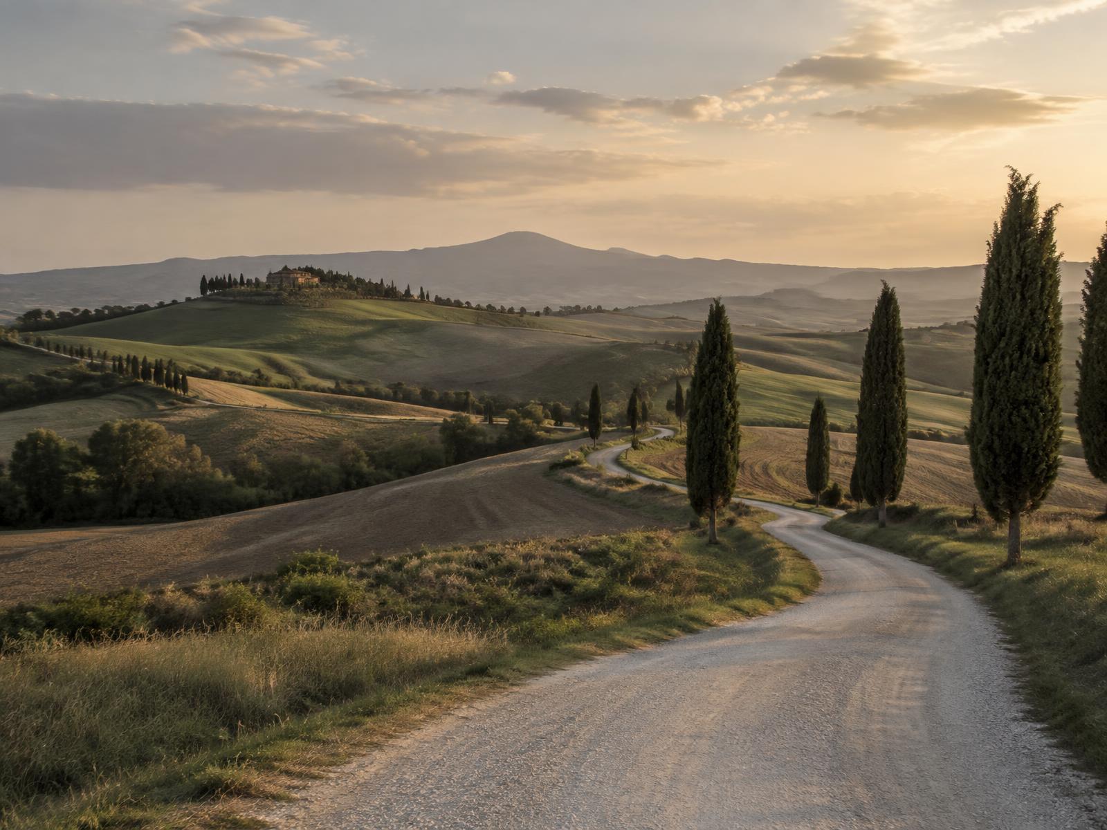 Strada bianca che attraversa le colline della Val d’Orcia